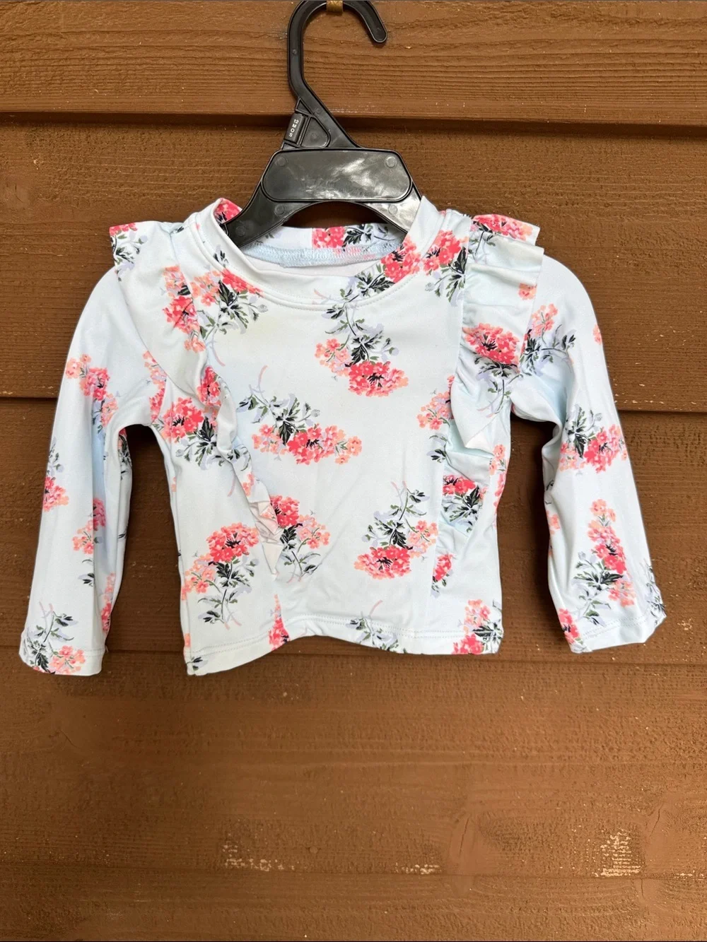 Janie and Jack Light Blue Long Sleeve Floral Rashguard with Pink Flowers 6-12M